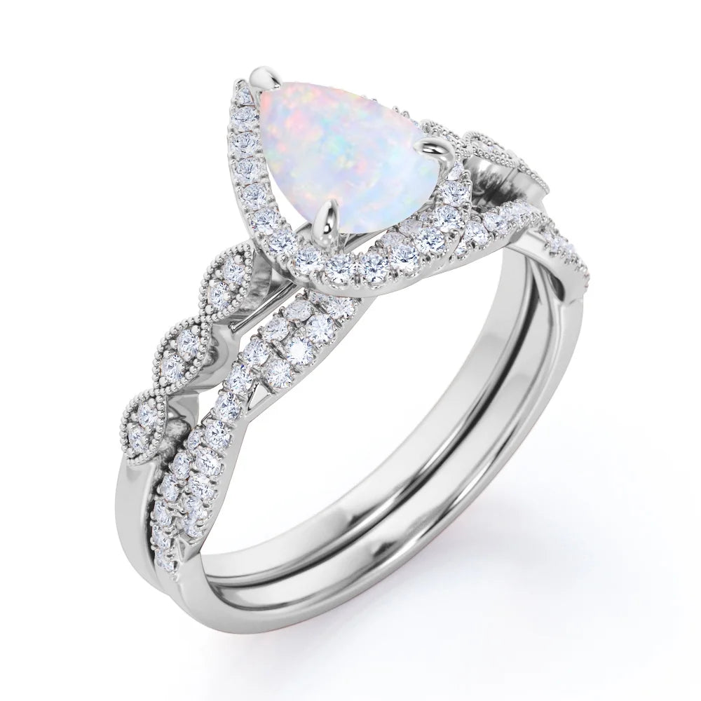 1.5 Carat Pear Cut Lab Created Opal and Moissanite Vintage Engagement Ring - Halo Pave Bridal Set in 18K White Gold Plating for Women